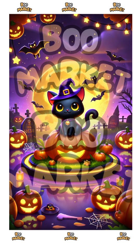 Splash Art de Halloween – Gato Negro en la Calabaza (Para Móvil)