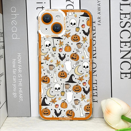 Funda de Móvil Naranja con Calabazas, Fantasmas y Calaveras