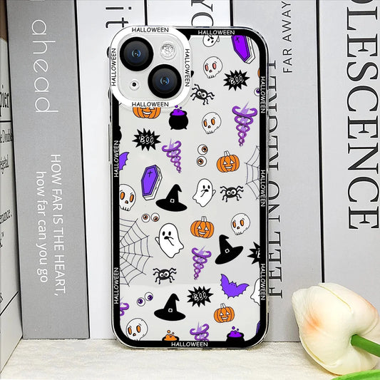 Funda de Móvil Negra con Calabazas, Fantasmas y Sombreros de Bruja